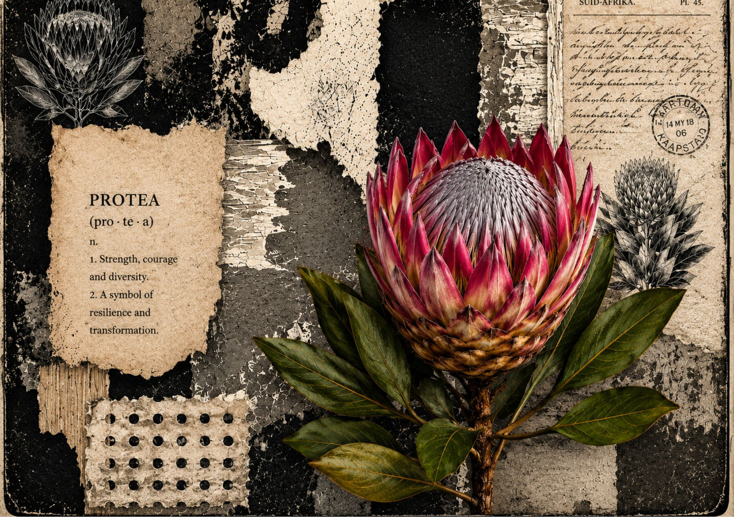 Glass Cutting Board Black & White Protea