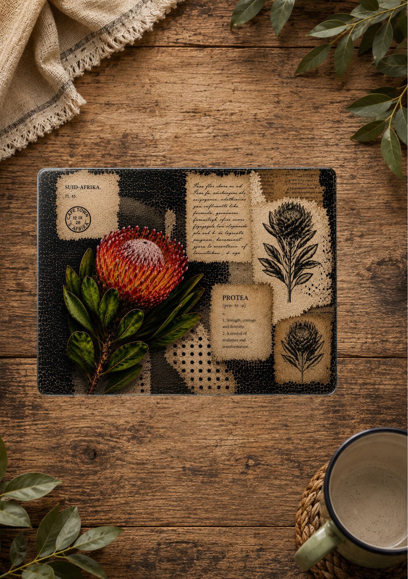Glass Cutting Board Black & White Protea