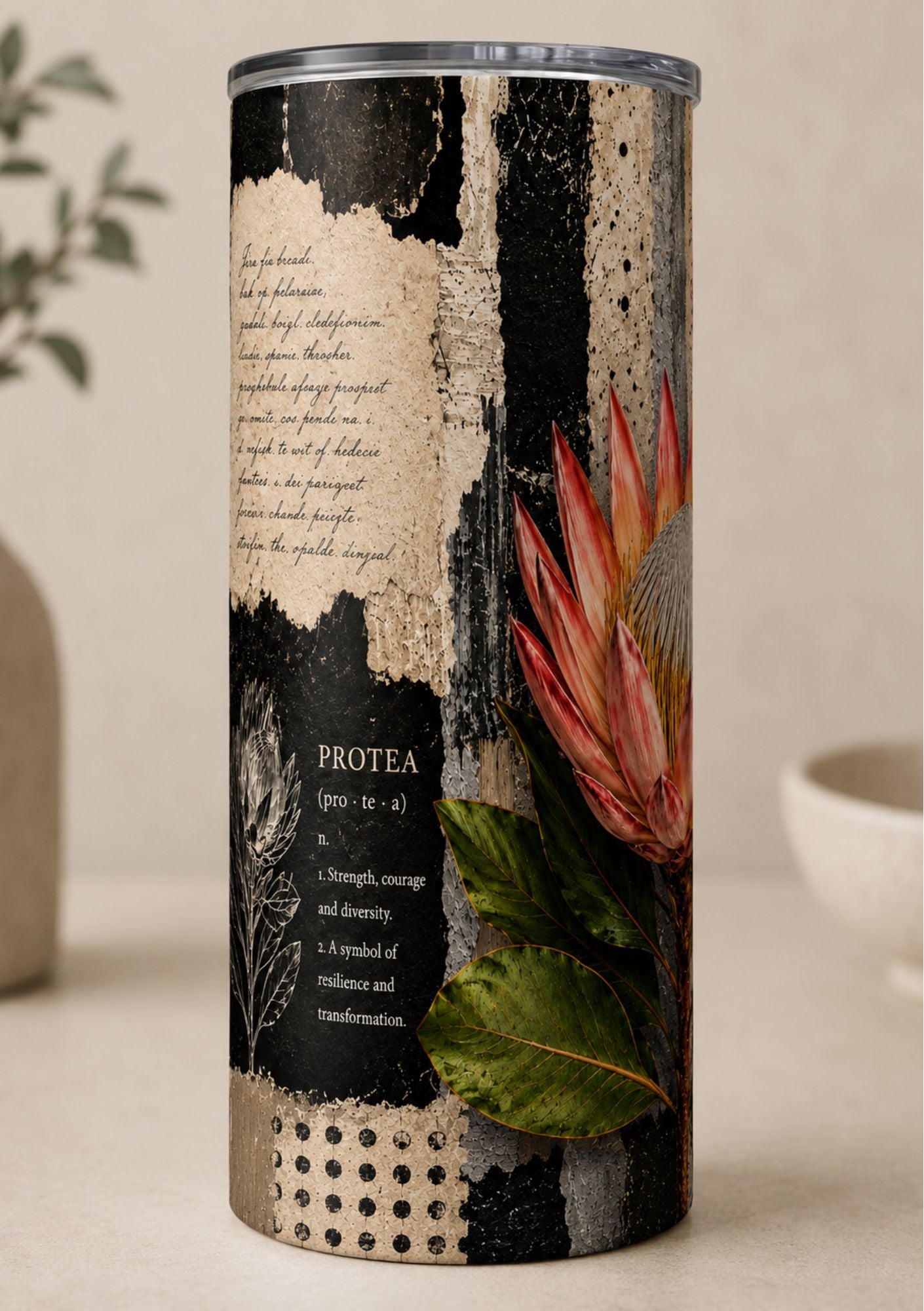 Skinny Tumbler 20oz - Black & White Protea