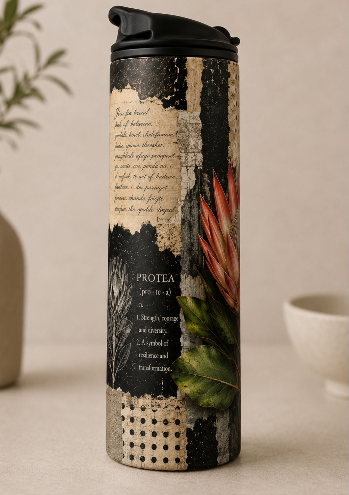 Skinny Tumbler 20oz - Black & White Protea
