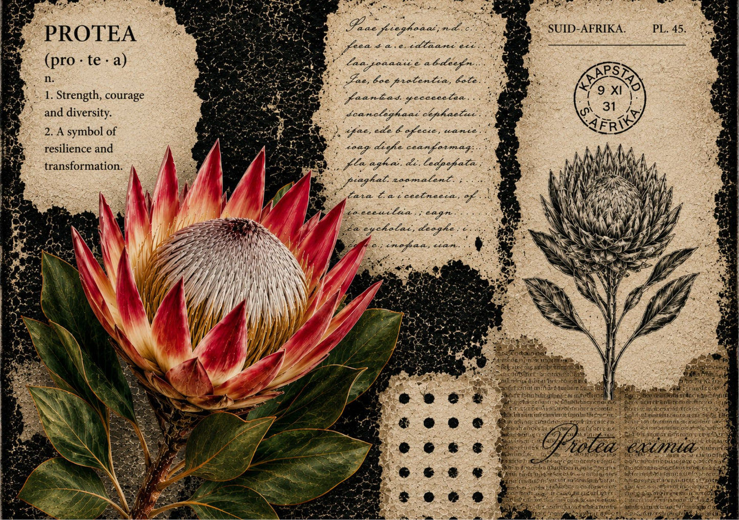 Glass Cutting Board Black & White Protea
