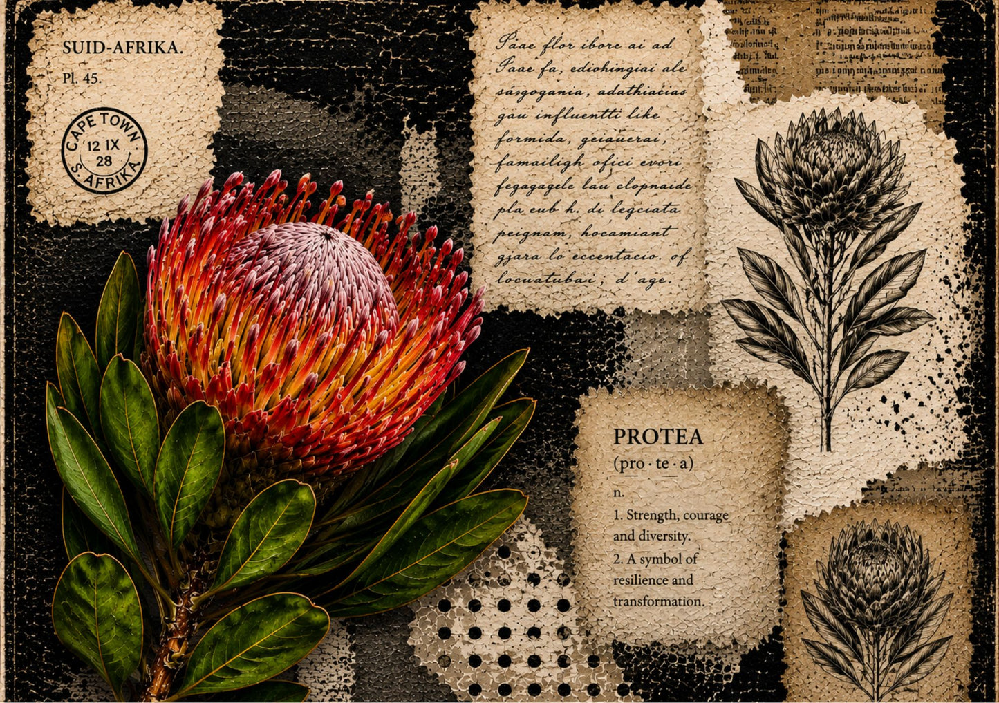 Glass Cutting Board Black & White Protea