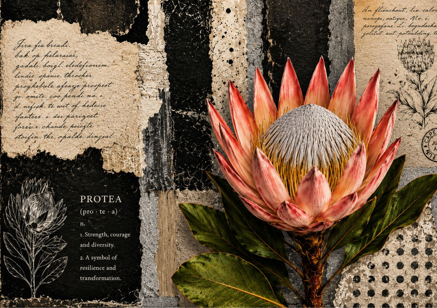 Glass Cutting Board Black & White Protea