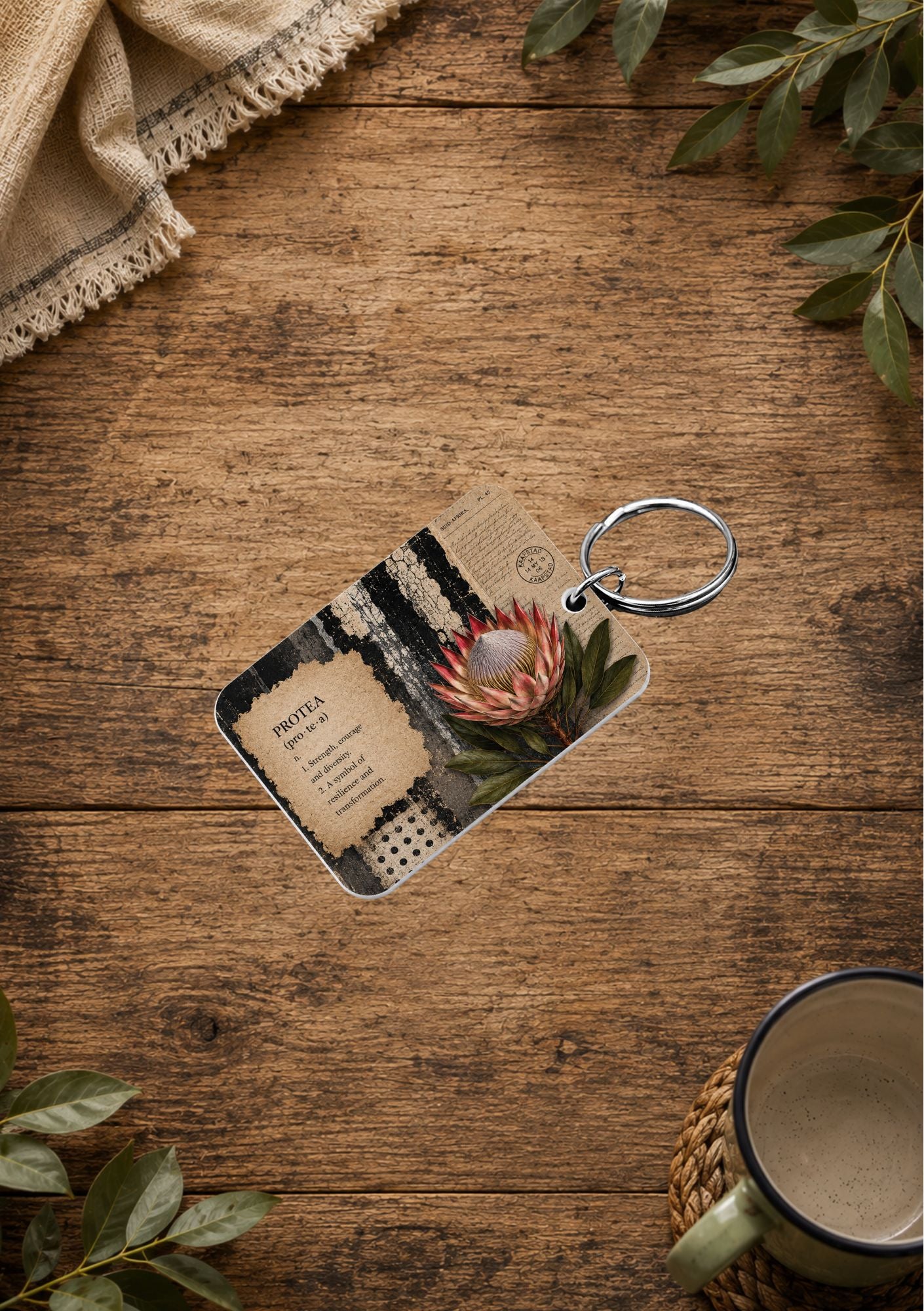 MDF Keyring Black & White Protea